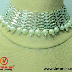 Woven Metallic Afghan Choker Necklace With White Pearls Handmade Afghan Choker